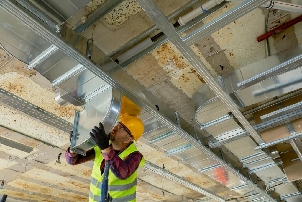 A man wearing a safety vest is diligently working on a ceiling, ensuring safety and precision in his task.